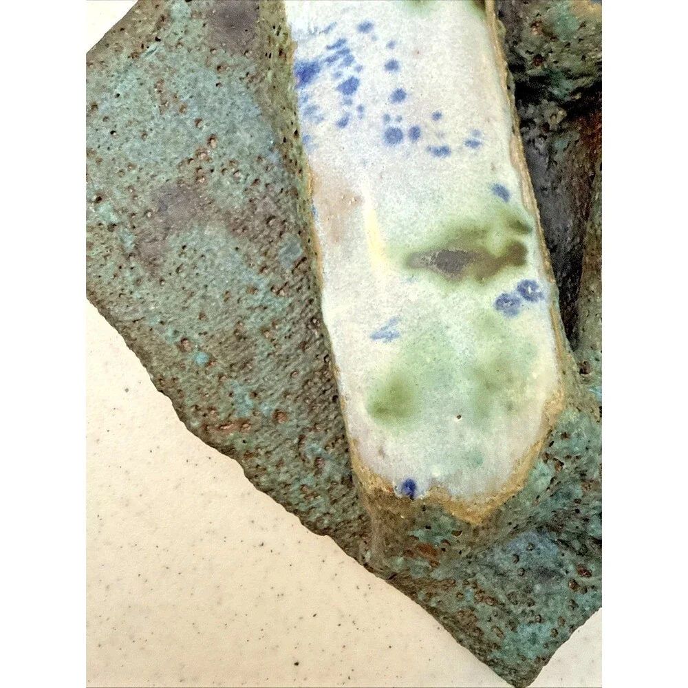 Art Pottery Wall Triple Pocket Hand Made Blue Green Speckle Neutral 9” X 9.75”